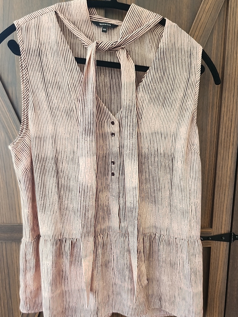 RW&CO. Pink and Black Striped Tie-Neck Sleeveless Blouse